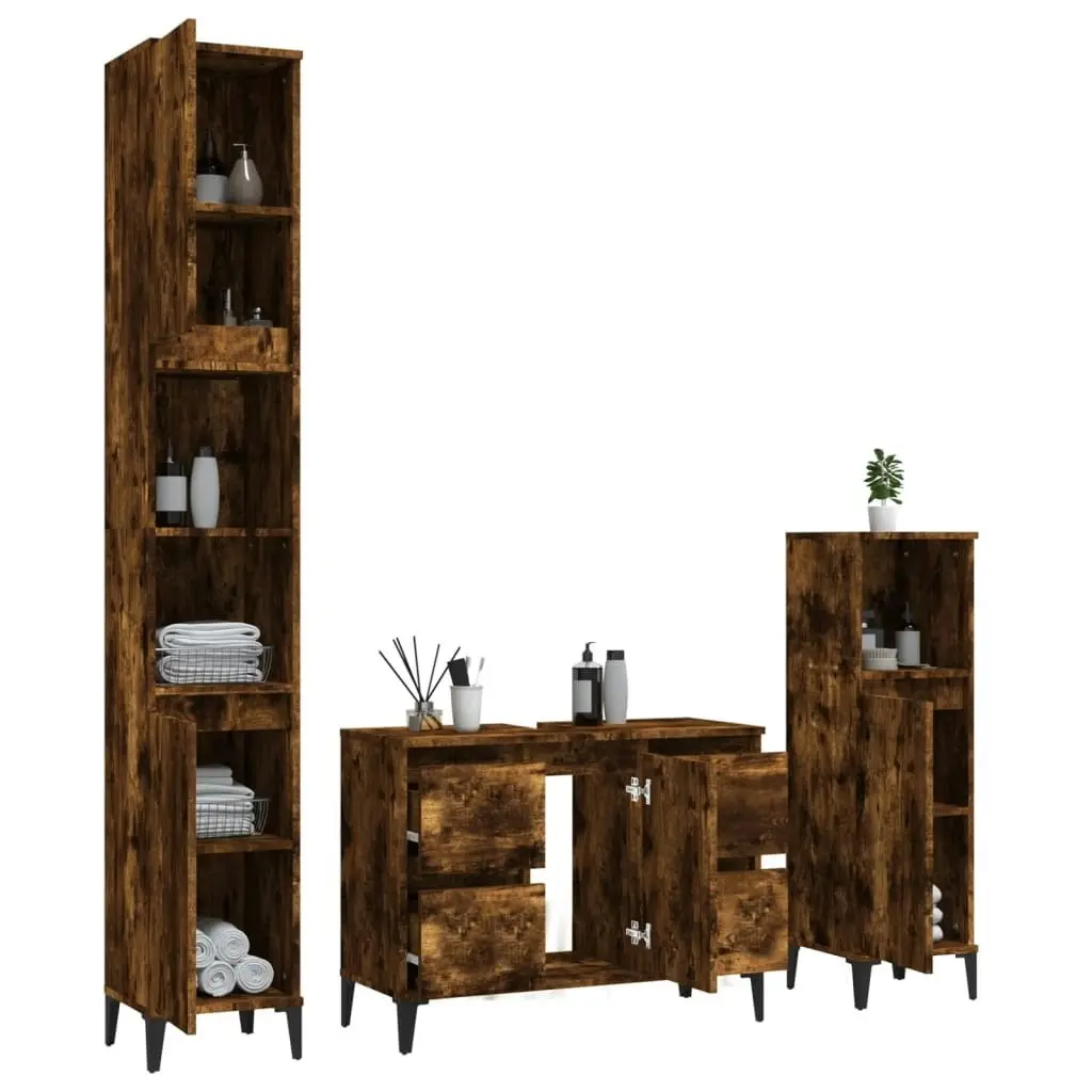 3 Piece Bathroom Furniture Set Smoked Oak Engineered Wood 3185610