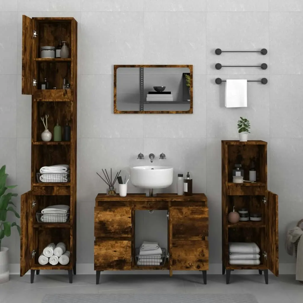 3 Piece Bathroom Furniture Set Smoked Oak Engineered Wood 3185610