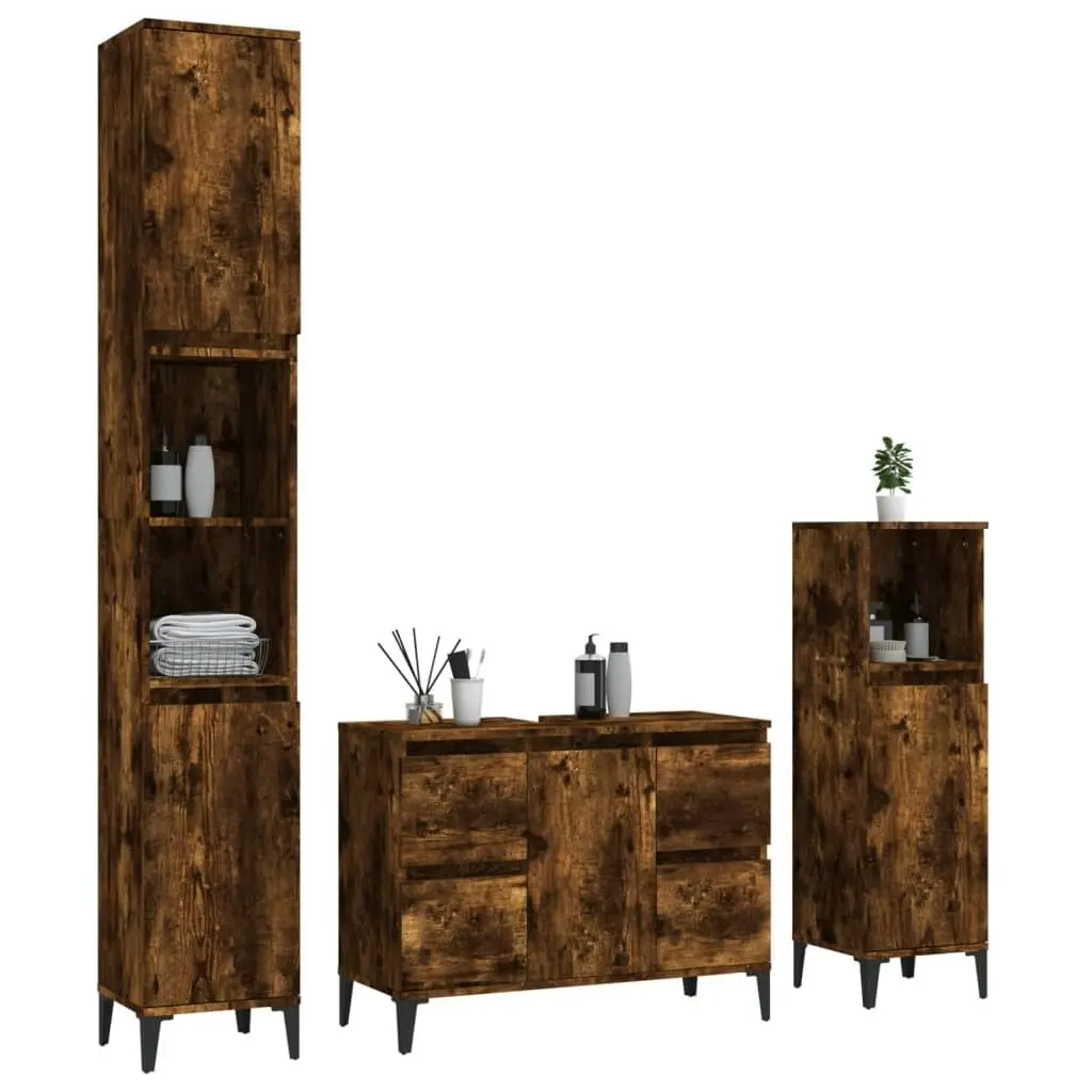 3 Piece Bathroom Furniture Set Smoked Oak Engineered Wood 3185610