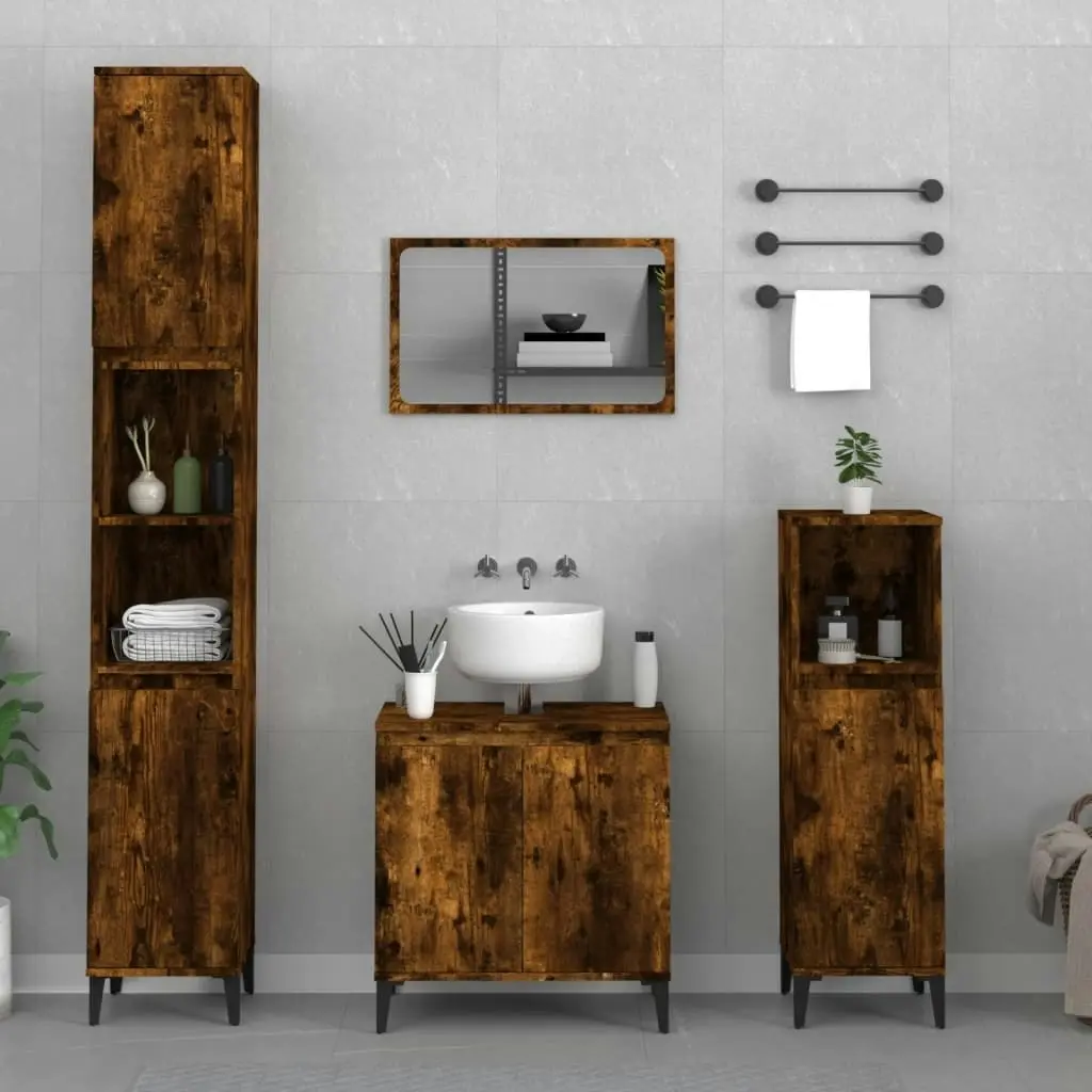 3 Piece Bathroom Furniture Set Smoked Oak Engineered Wood 3185594