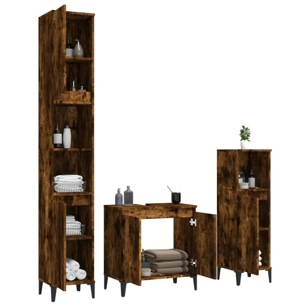 3 Piece Bathroom Furniture Set Smoked Oak Engineered Wood 3185594