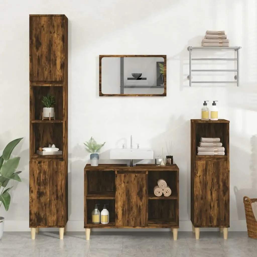 3 Piece Bathroom Furniture Set Smoked Oak Engineered Wood 3185618