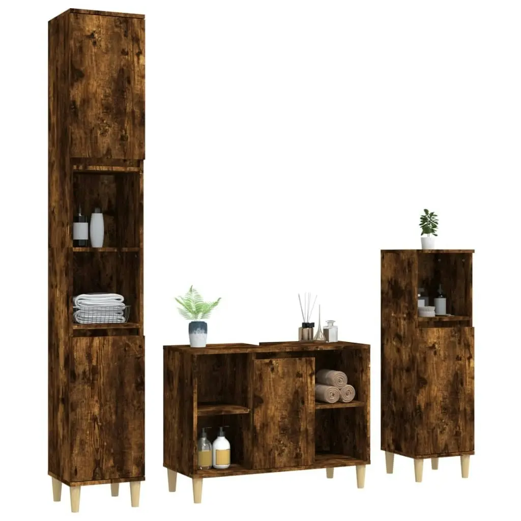 3 Piece Bathroom Furniture Set Smoked Oak Engineered Wood 3185618