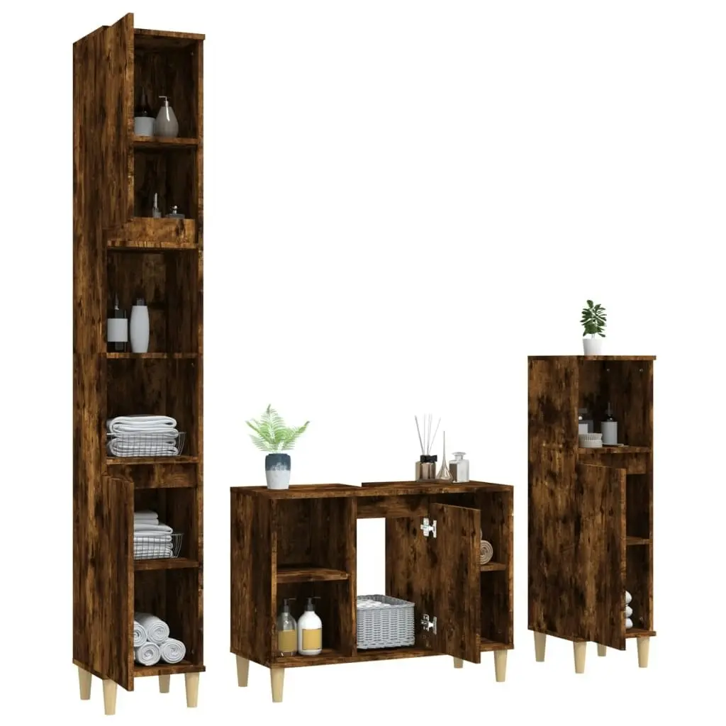 3 Piece Bathroom Furniture Set Smoked Oak Engineered Wood 3185618