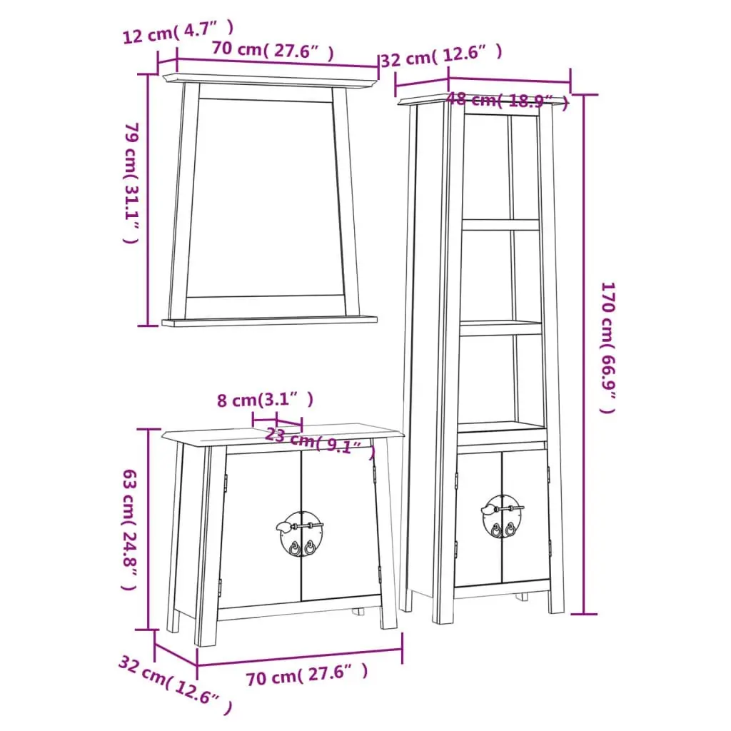 3 Piece Bathroom Furniture Set Solid Wood Pine 3223462