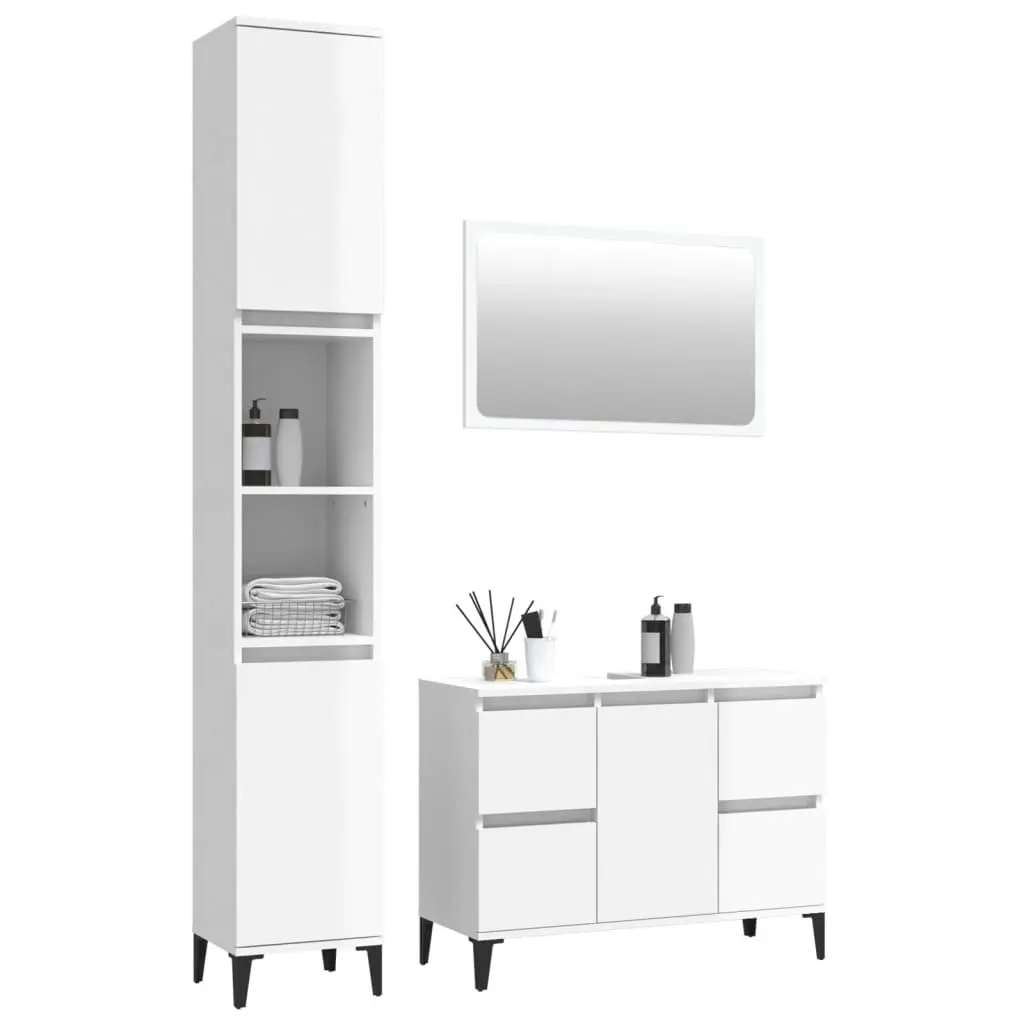 3 Piece Bathroom Furniture Set High Gloss White Engineered Wood 3185676