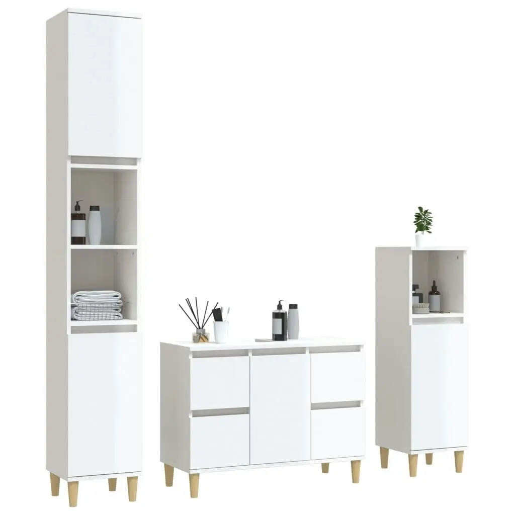 3 Piece Bathroom Furniture Set High Gloss White Engineered Wood 3185599