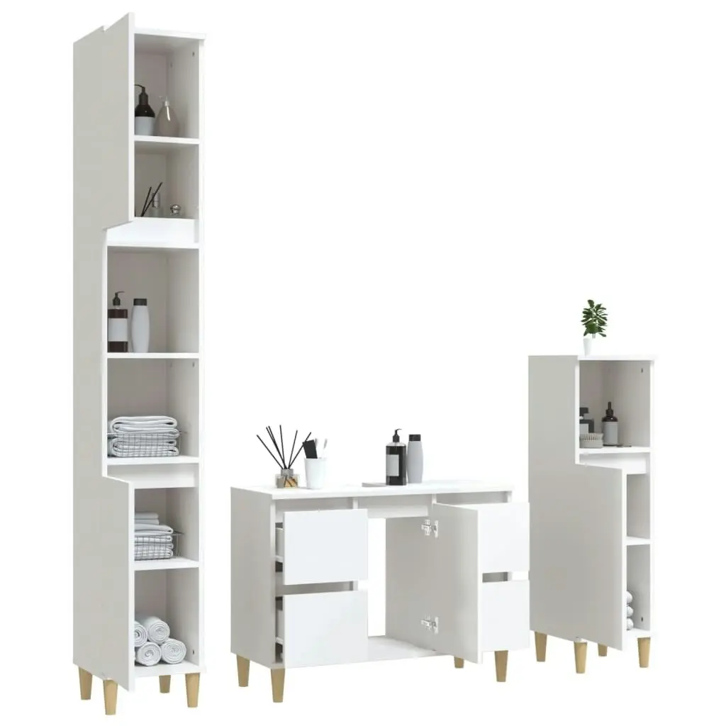 3 Piece Bathroom Furniture Set High Gloss White Engineered Wood 3185599