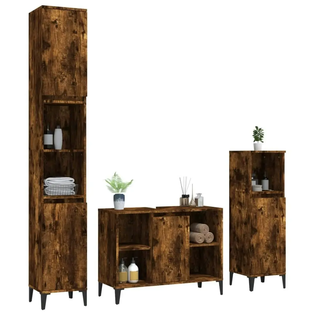 3 Piece Bathroom Furniture Set Smoked Oak Engineered Wood 3185626