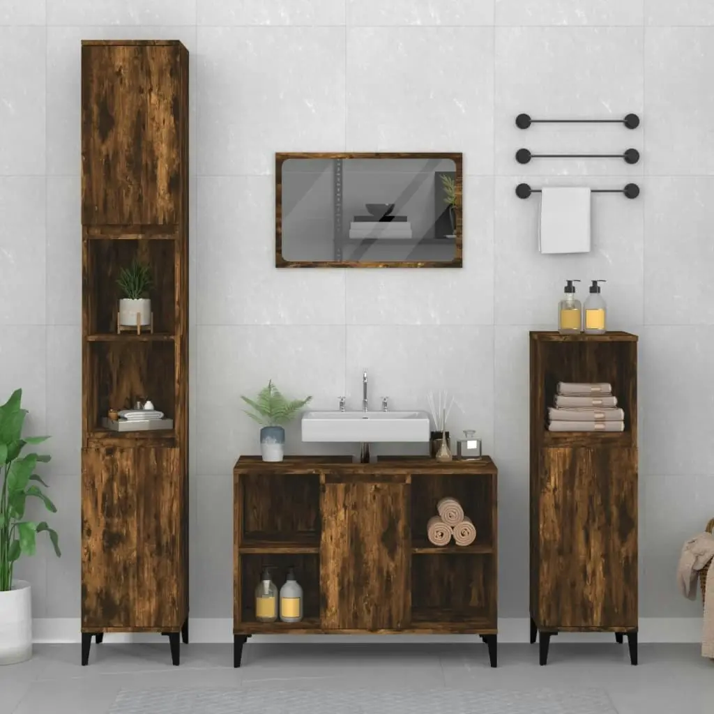 3 Piece Bathroom Furniture Set Smoked Oak Engineered Wood 3185626