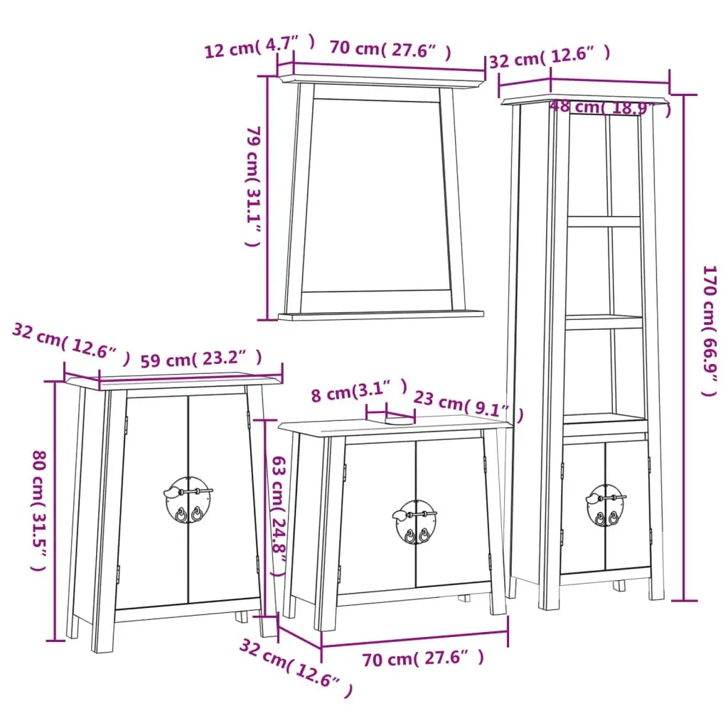 4 Piece Bathroom Furniture Set Solid Wood Pine 3223464