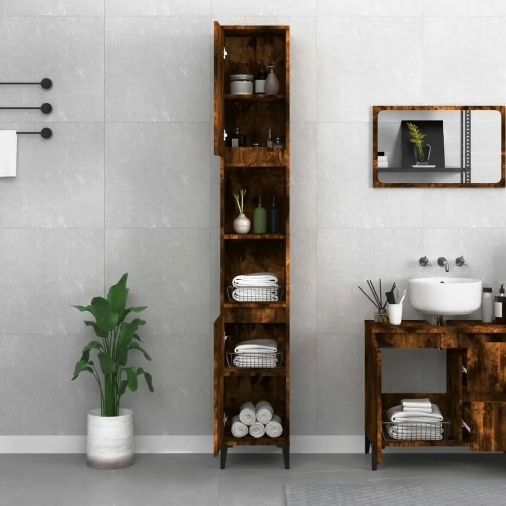 Bathroom Cabinet Smoked Oak 30x30x190 cm Engineered Wood 819801