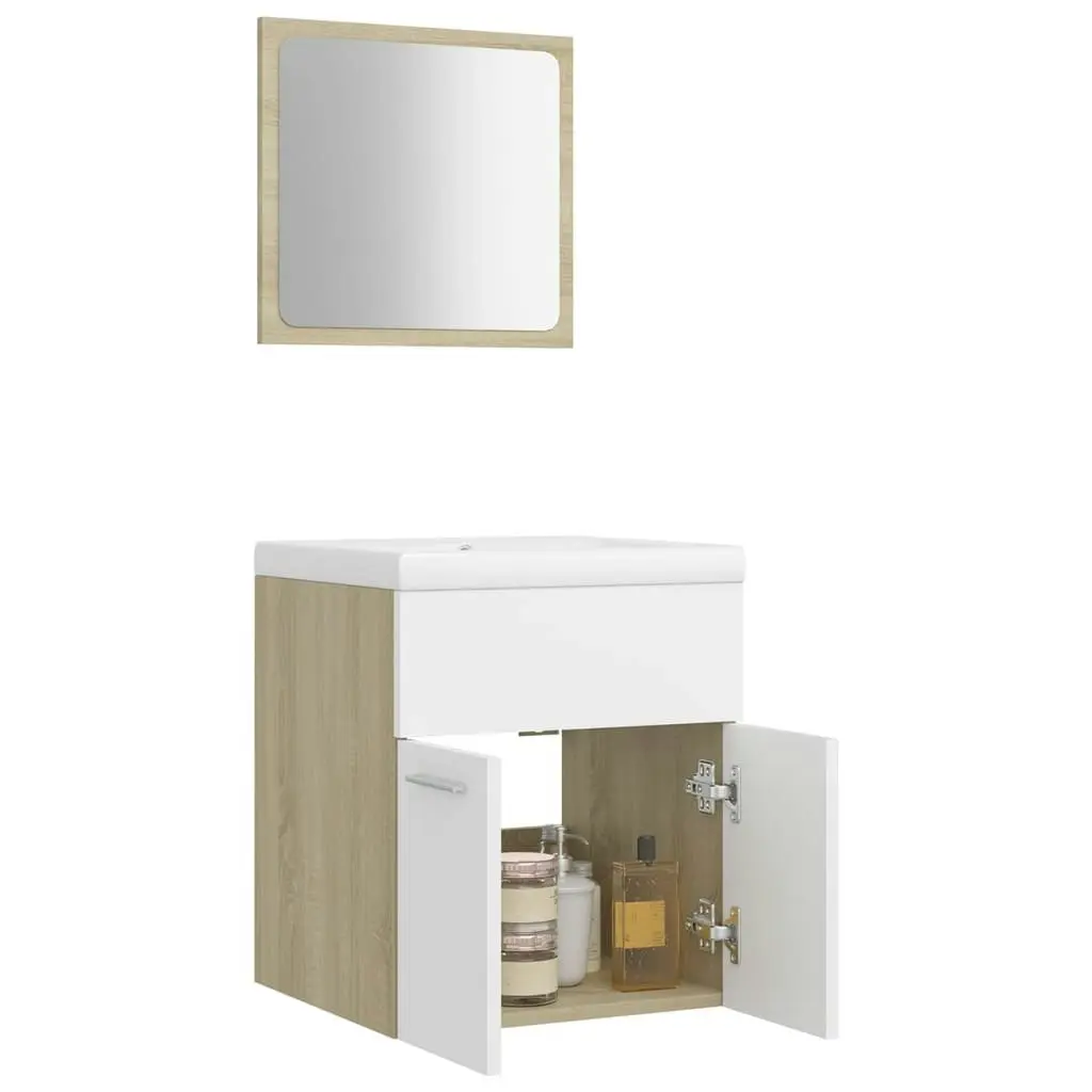 Bathroom Furniture Set White and Sonoma Oak Engineered Wood 3070861