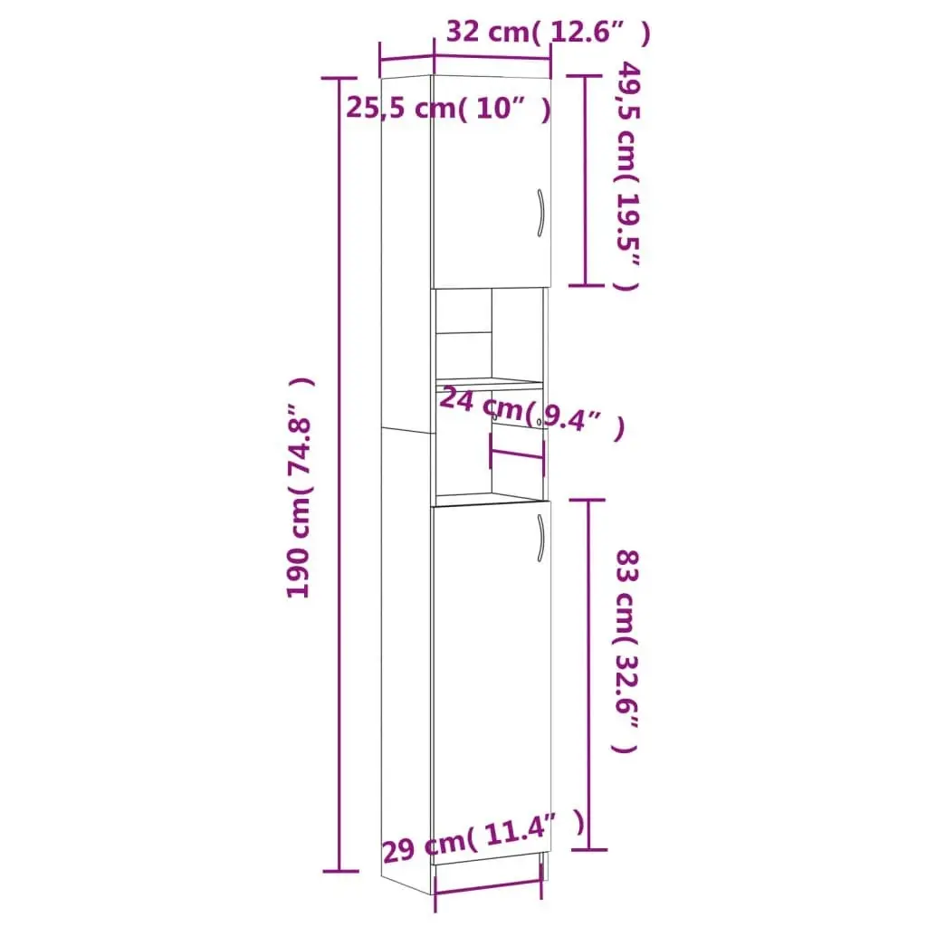 Bathroom Cabinet Sonoma Oak 32x25.5x190 cm Engineered Wood 802879