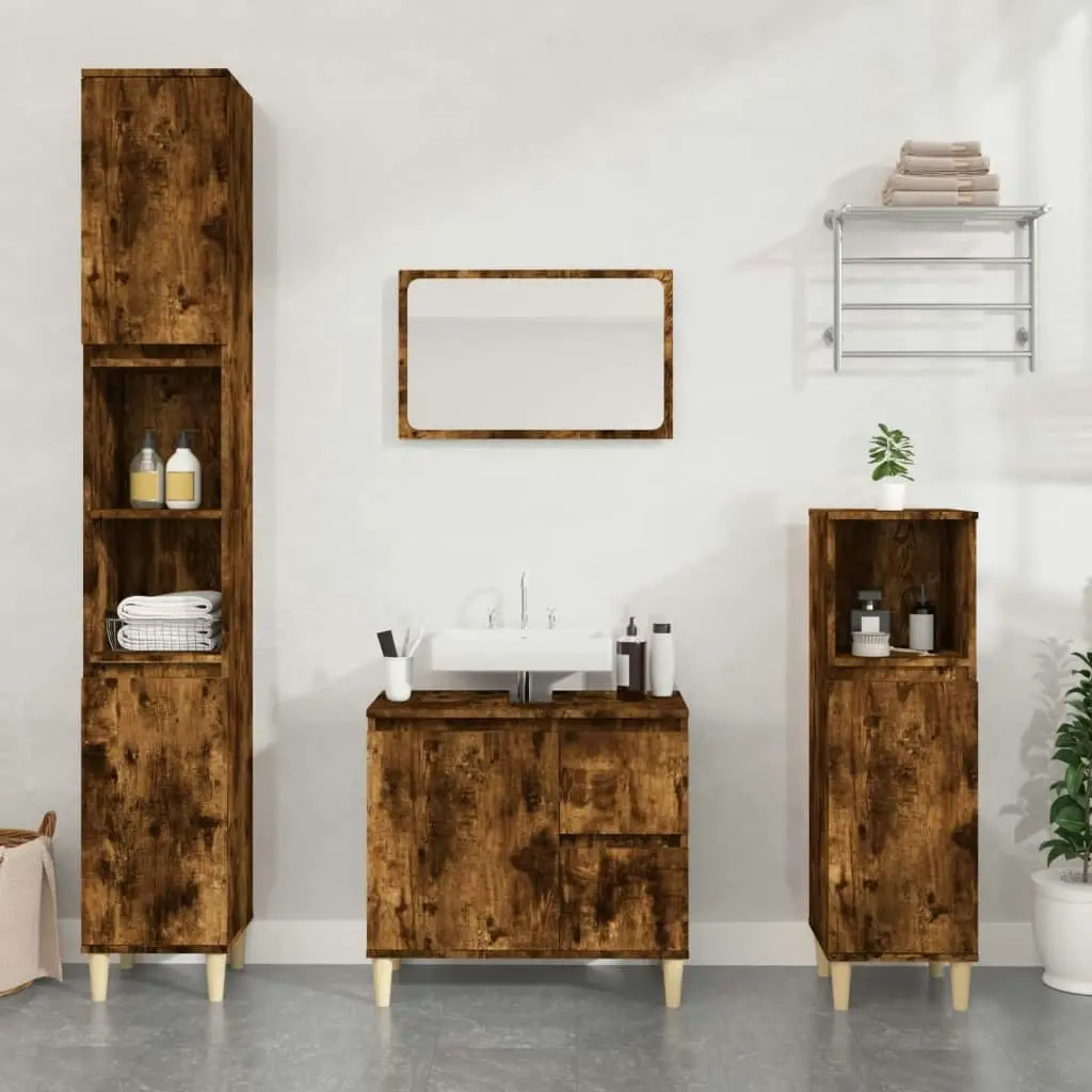 Bathroom Cabinet Smoked Oak 30x30x100 cm Engineered Wood 819809