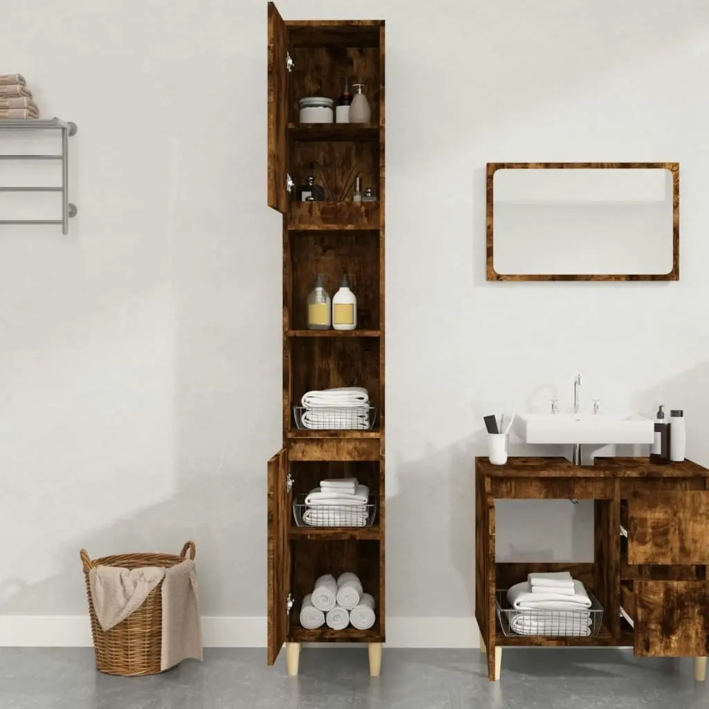 Bathroom Cabinet Smoked Oak 30x30x190 cm Engineered Wood 819793