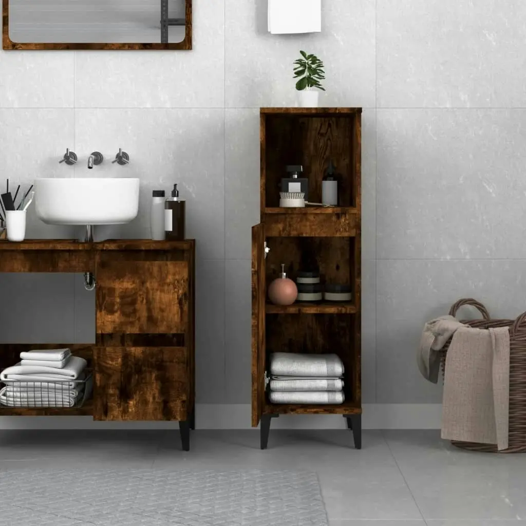 Bathroom Cabinet Smoked Oak 30x30x100 cm Engineered Wood 819817