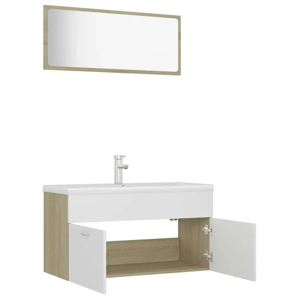 Bathroom Furniture Set White and Sonoma Oak Engineered Wood 3070888