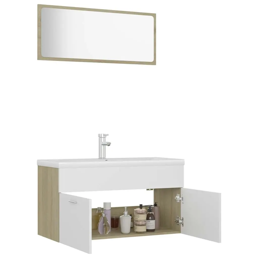 Bathroom Furniture Set White and Sonoma Oak Engineered Wood 3070888