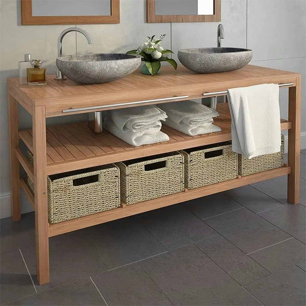 Bathroom Vanity Cabinet with 4 Baskets Solid Teak 132x45x75 cm 246495