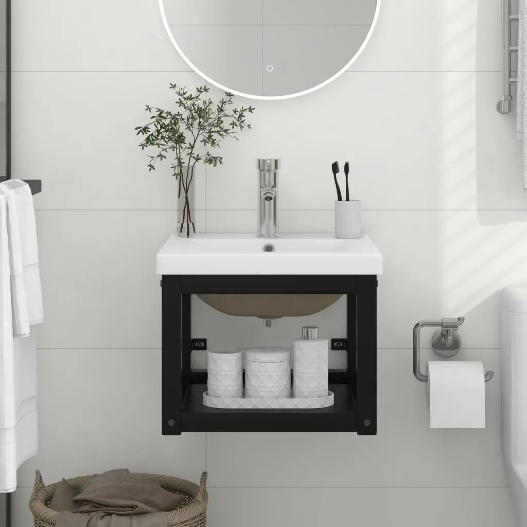 Bathroom Washbasin Frame with Built-in Basin Black Iron 3101382