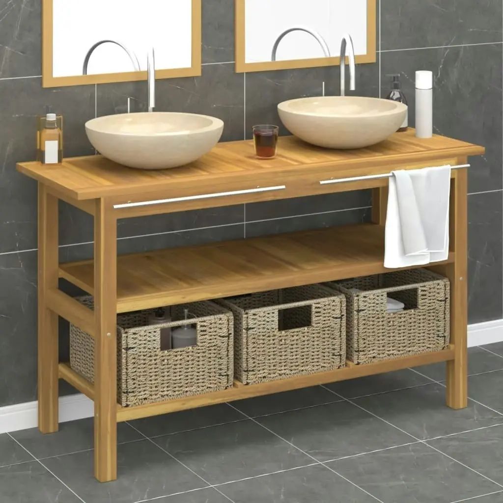 Bathroom Vanity Cabinet with Cream Marble Sinks Solid Wood Teak 3096587