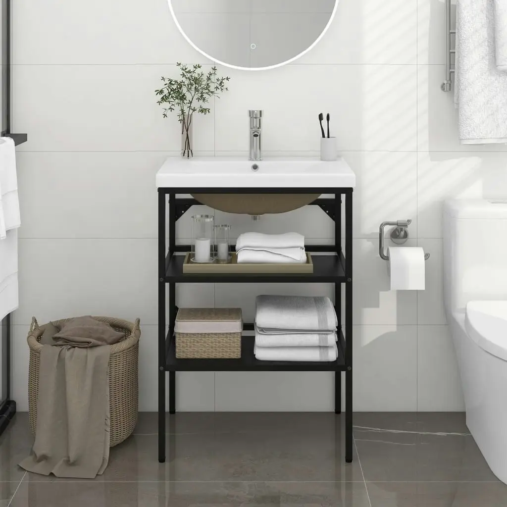 Bathroom Washbasin Frame with Built-in Basin Black Iron 3101377