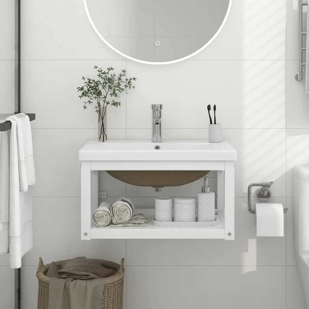 Bathroom Washbasin Frame with Built-in Basin White Iron 3101380