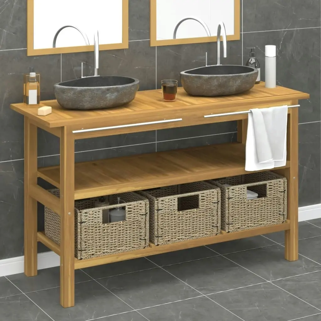 Bathroom Vanity Cabinet with River Stone Sinks Solid Wood Teak 3096590