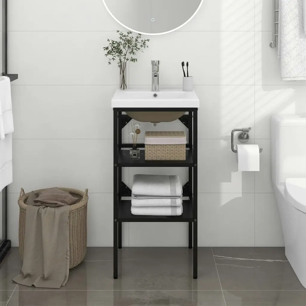 Bathroom Washbasin Frame with Built-in Basin Black Iron 3101376