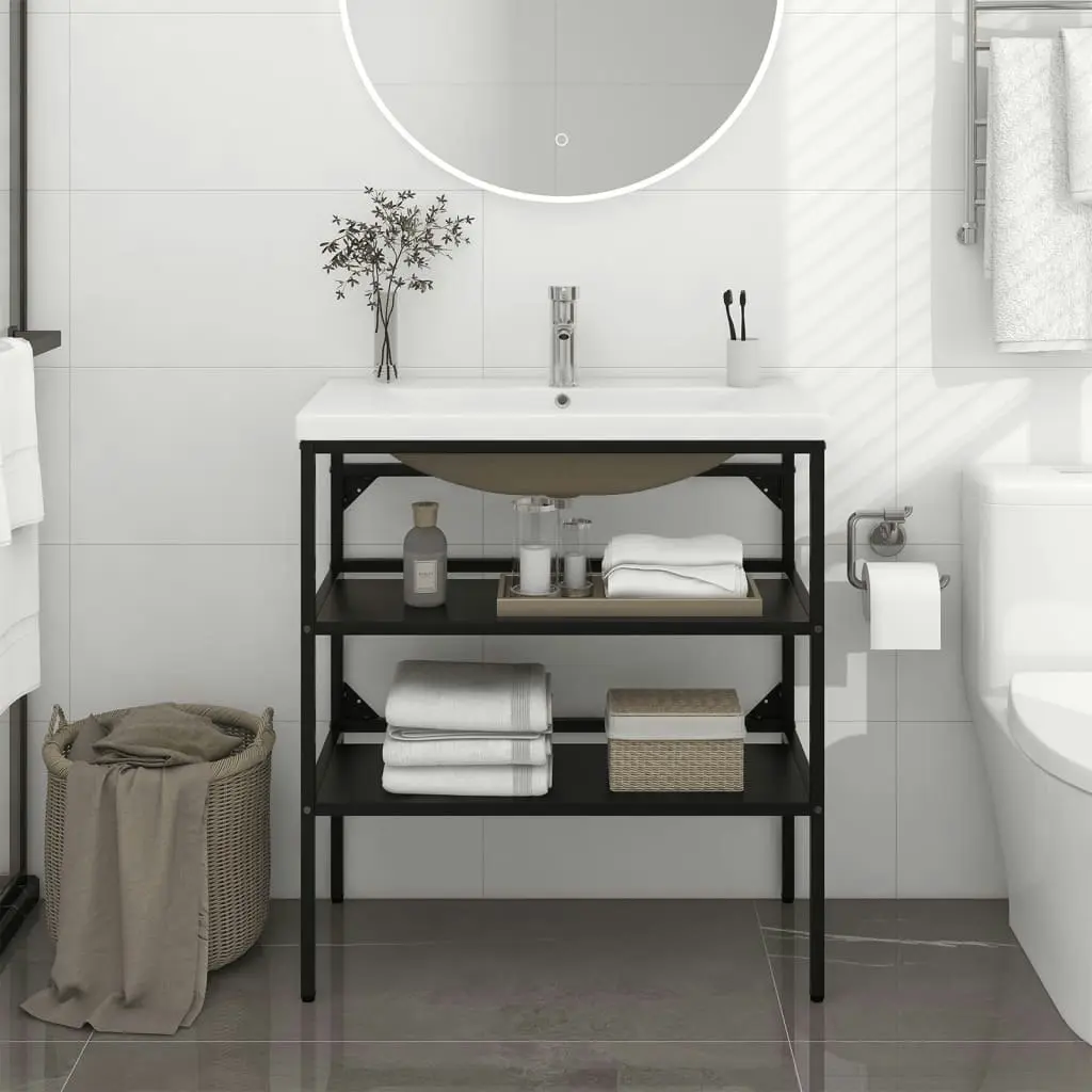 Bathroom Washbasin Frame with Built-in Basin Black Iron 3101378