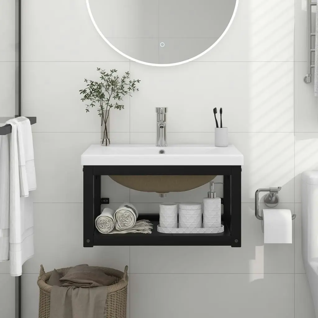 Bathroom Washbasin Frame with Built-in Basin Black Iron 3101383