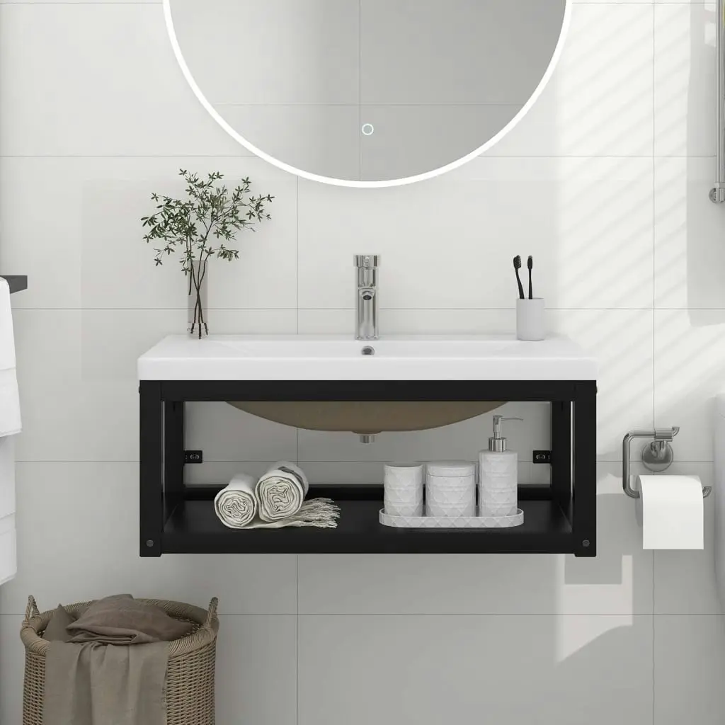 Bathroom Washbasin Frame with Built-in Basin Black Iron 3101384