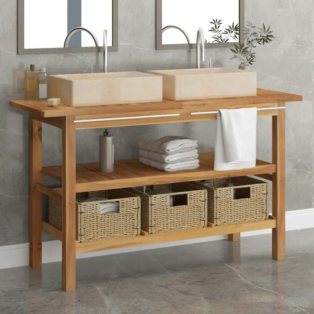 Bathroom Vanity Cabinet with Cream Marble Sinks Solid Wood Teak 3096585