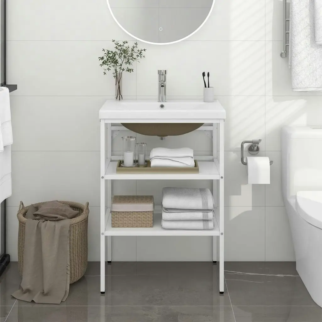 Bathroom Washbasin Frame with Built-in Basin White Iron 3101374