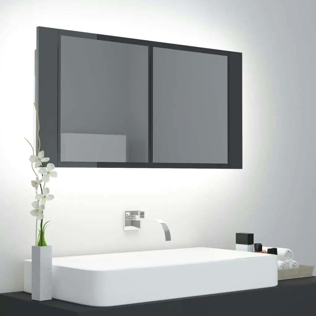 LED Bathroom Mirror Cabinet High Gloss Grey 90x12x45 cm Acrylic 804979