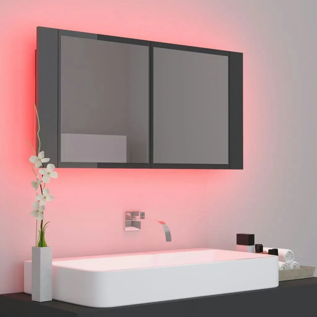 LED Bathroom Mirror Cabinet High Gloss Grey 90x12x45 cm Acrylic 804979