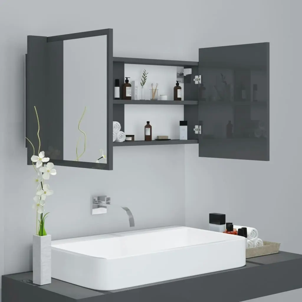 LED Bathroom Mirror Cabinet High Gloss Grey 90x12x45 cm Acrylic 804979