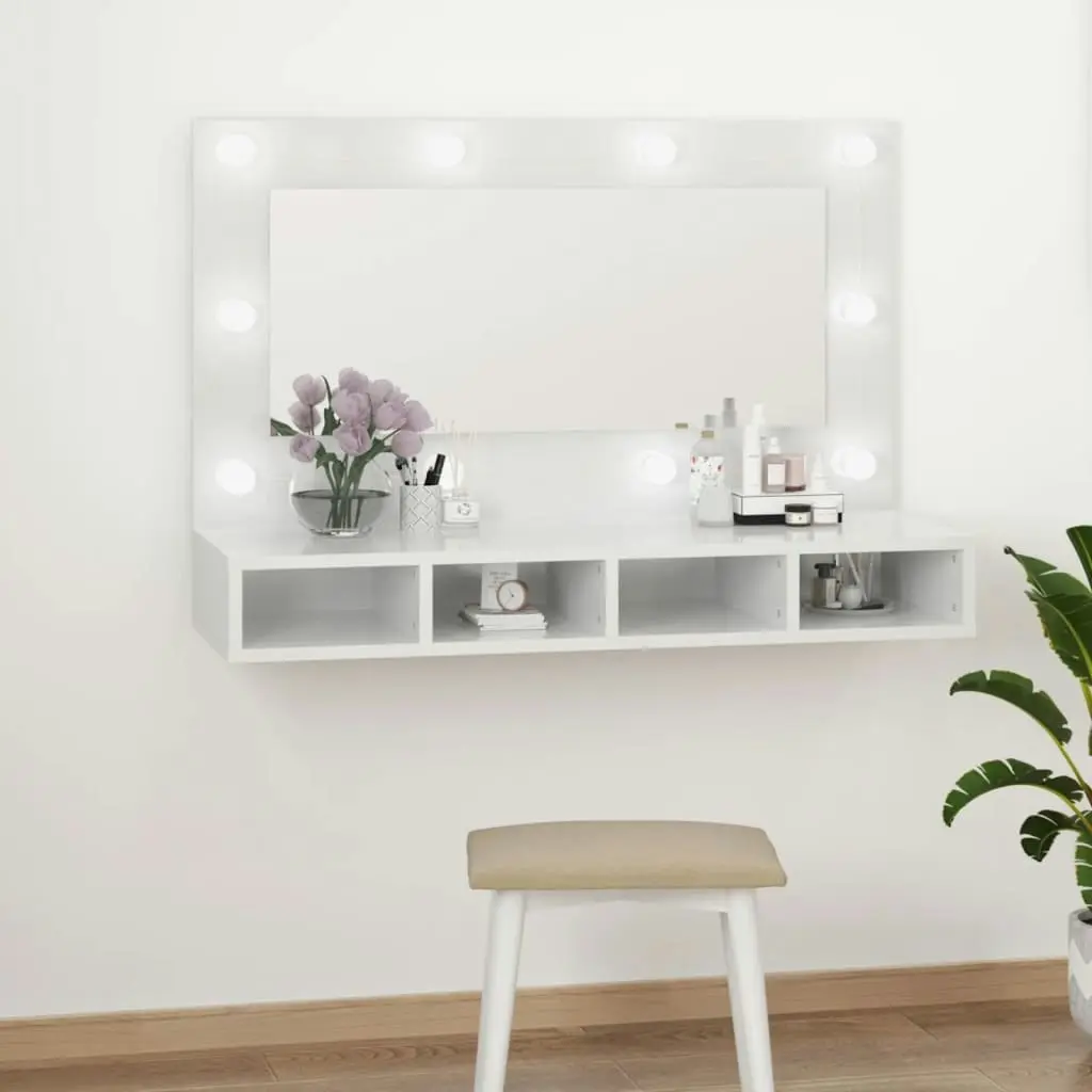 Mirror Cabinet with LED High Gloss White 90x31.5x62 cm 808897