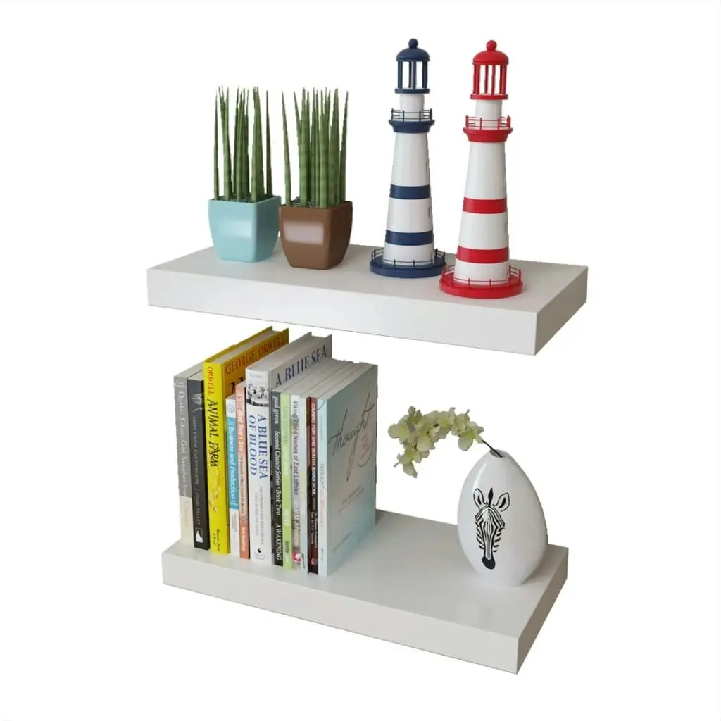 2 White MDF Floating Wall Display Shelves Book/DVD Storage 242182