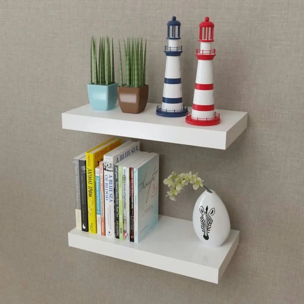 2 White MDF Floating Wall Display Shelves Book/DVD Storage 242182