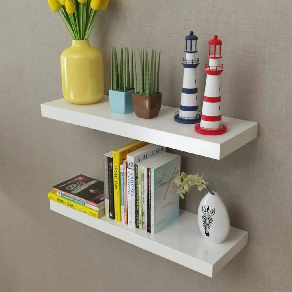 2 White MDF Floating Wall Display Shelves Book/DVD Storage 242183