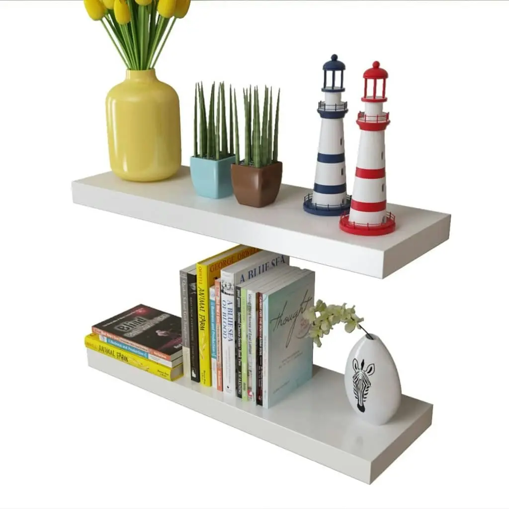 2 White MDF Floating Wall Display Shelves Book/DVD Storage 242183