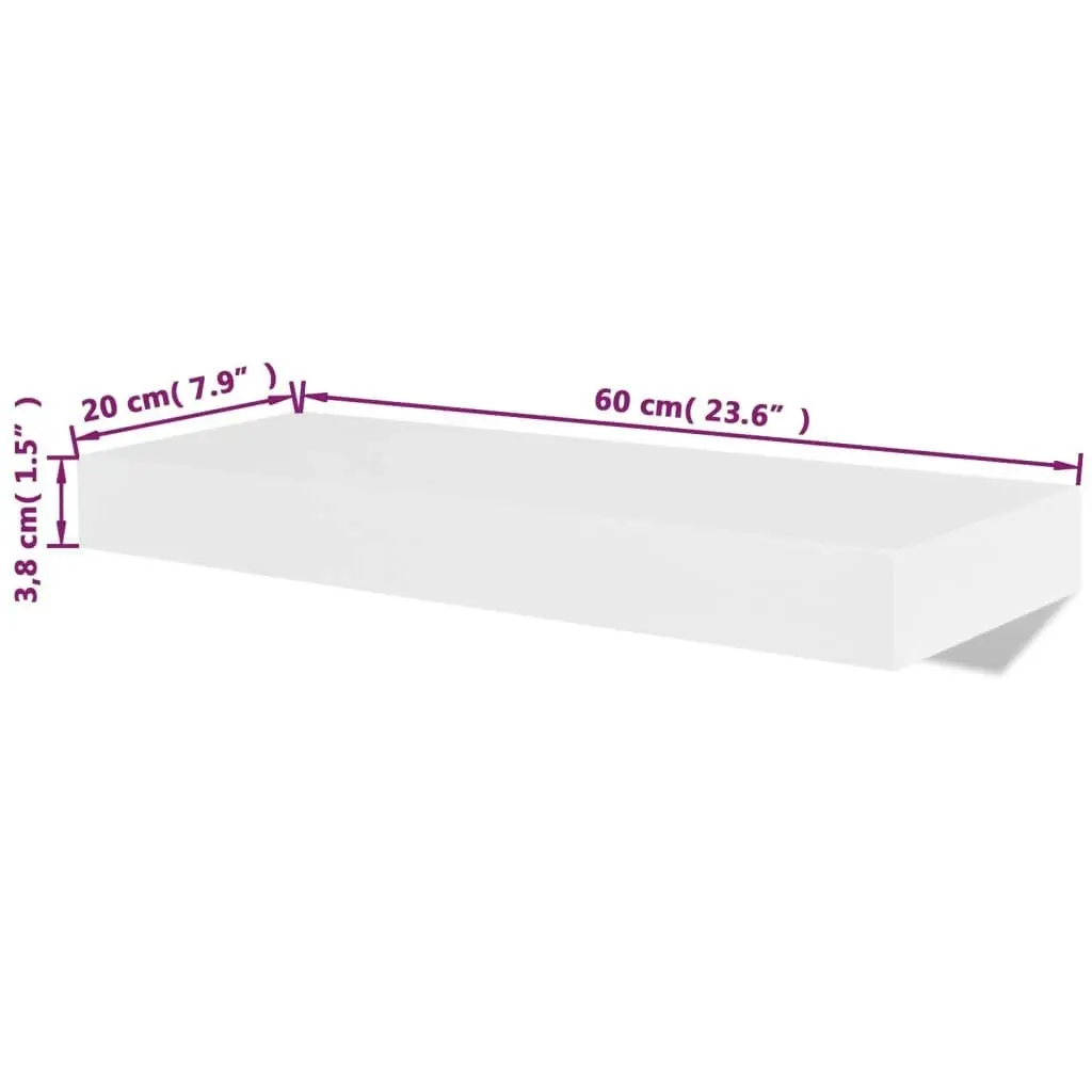 2 White MDF Floating Wall Display Shelves Book/DVD Storage 242183