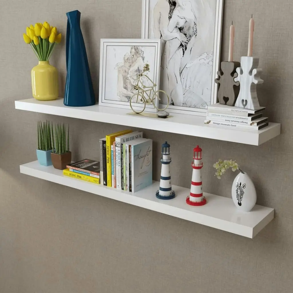 2 White MDF Floating Wall Display Shelves Book/DVD Storage 242186