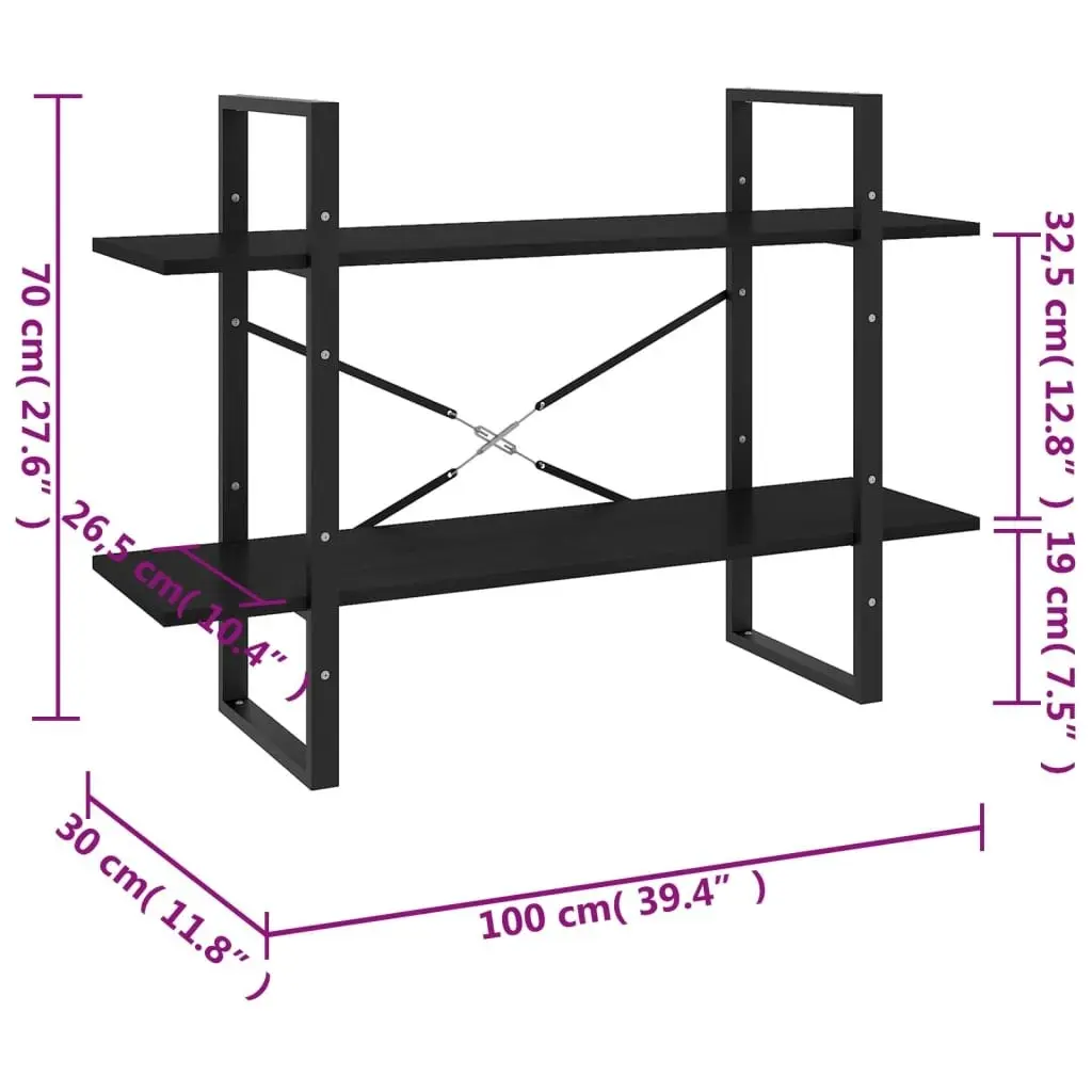 2-Tier Book Cabinet Black 100x30x70 cm Solid Pine Wood 806476