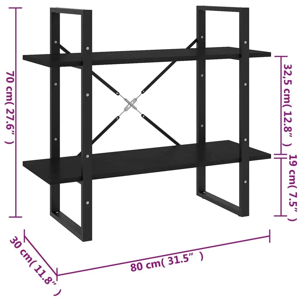 2-Tier Book Cabinet Black 80x30x70 cm Solid Pine Wood 806456