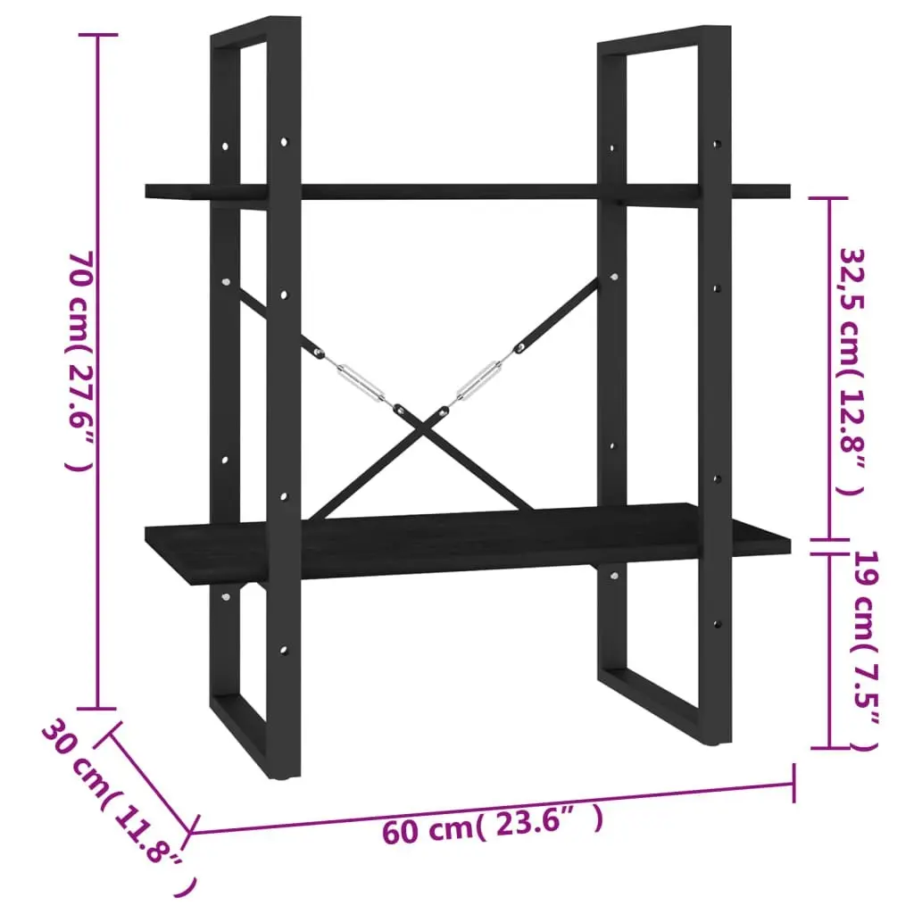 2-Tier Book Cabinet Black 60x30x70 cm Solid Pine Wood 806436