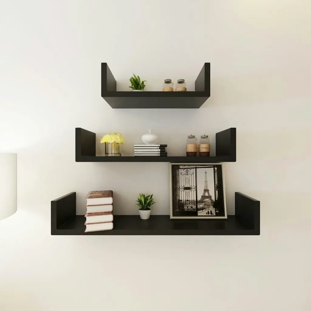 3 Black MDF U-shaped Floating Wall Display Shelves Book/DVD Storage 242175