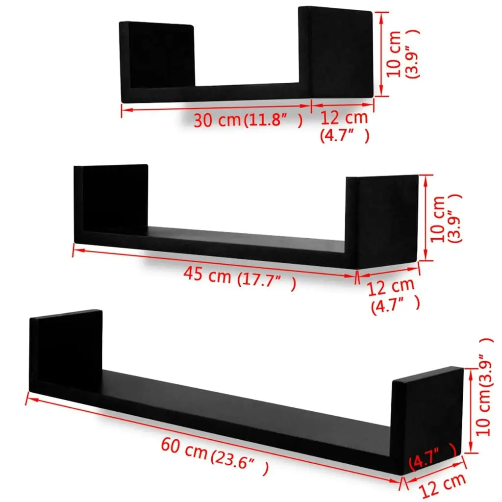 3 Black MDF U-shaped Floating Wall Display Shelves Book/DVD Storage 242175